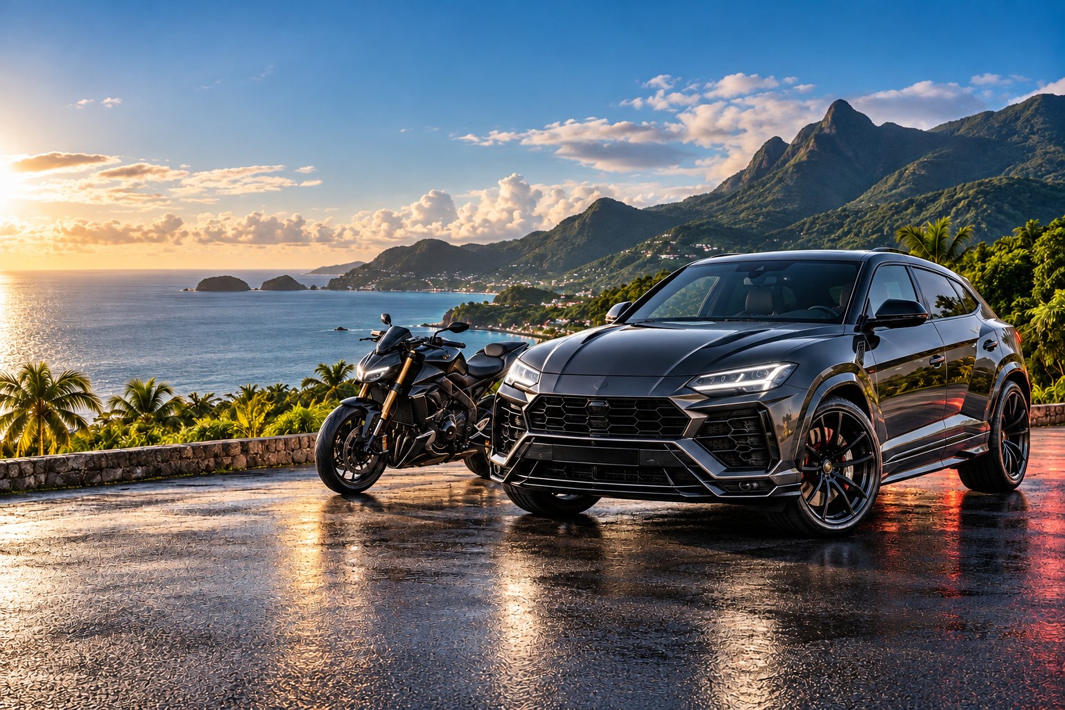 Automobile et moto dans un paysage tropical, illustration du salon